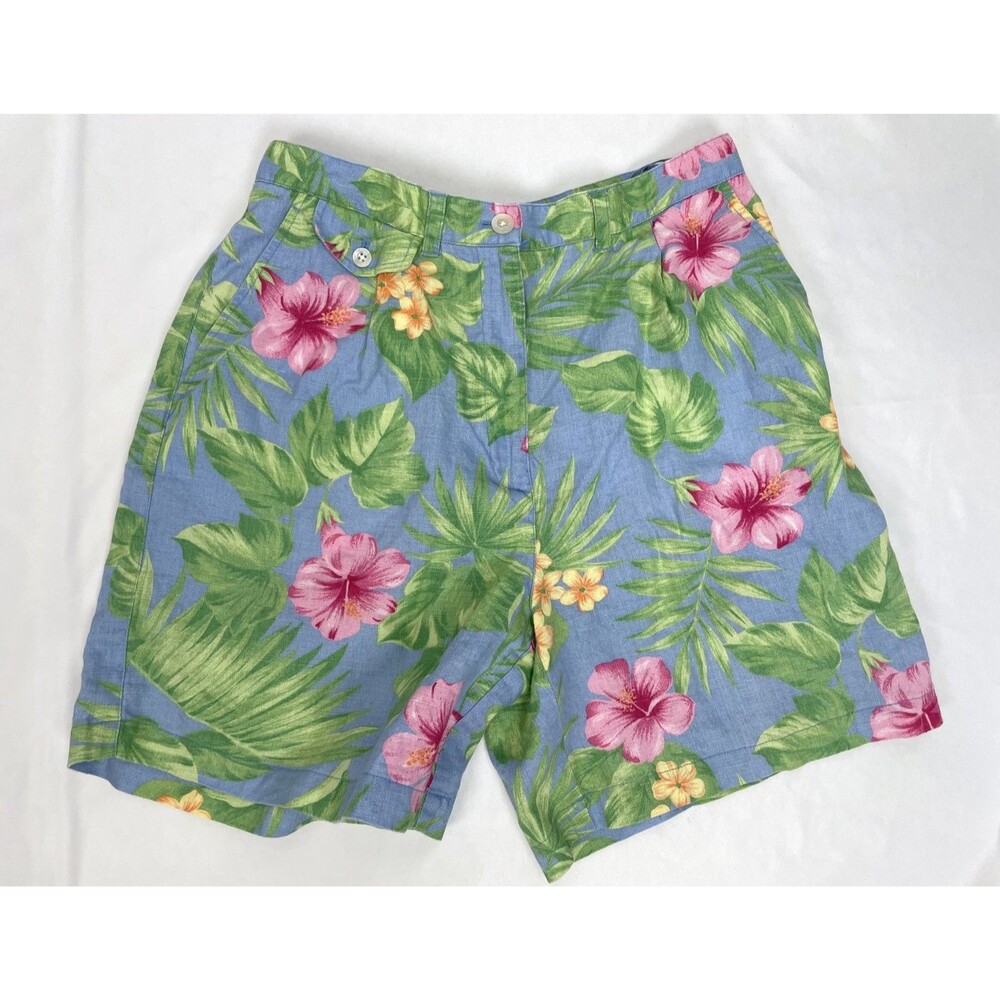 Lauren Ralph Lauren Shorts‎ Size 8 Blue Floral Linen Tropical Preppy